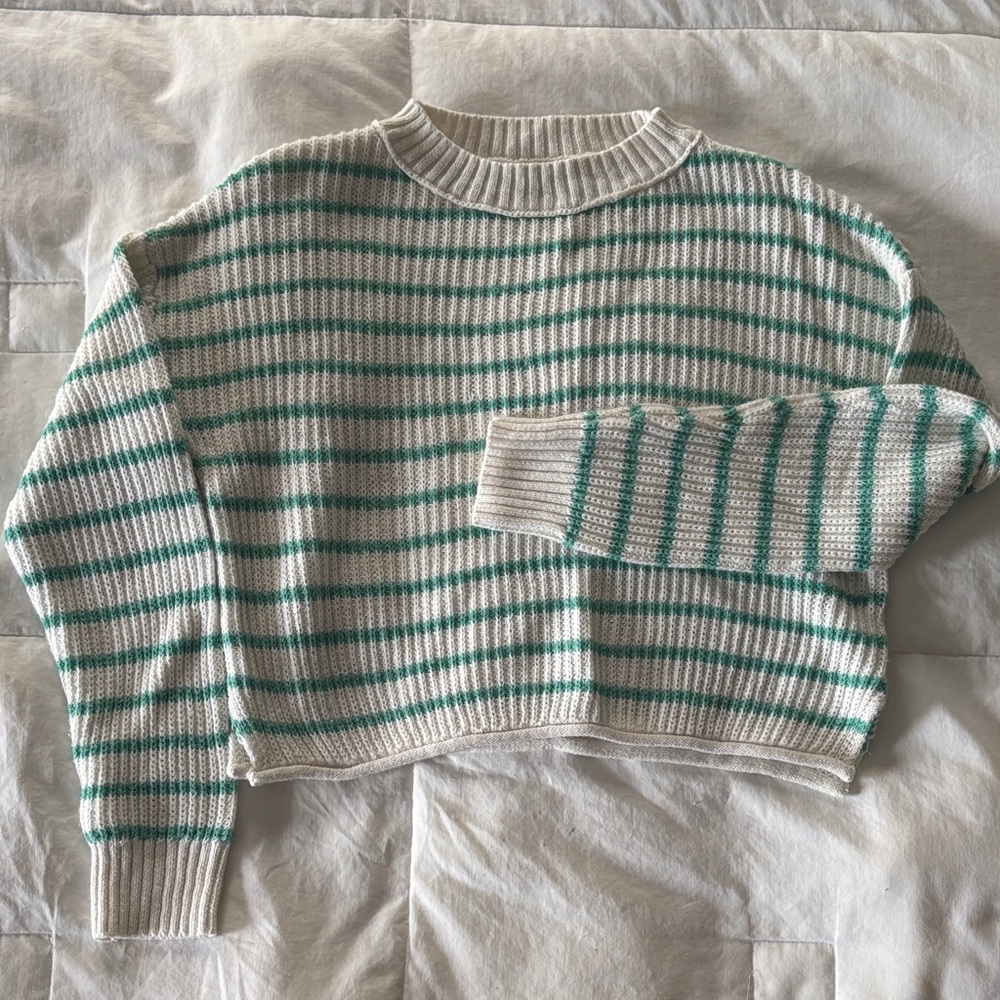 Wild Fable Cropped Green and Cream Striped Sweater